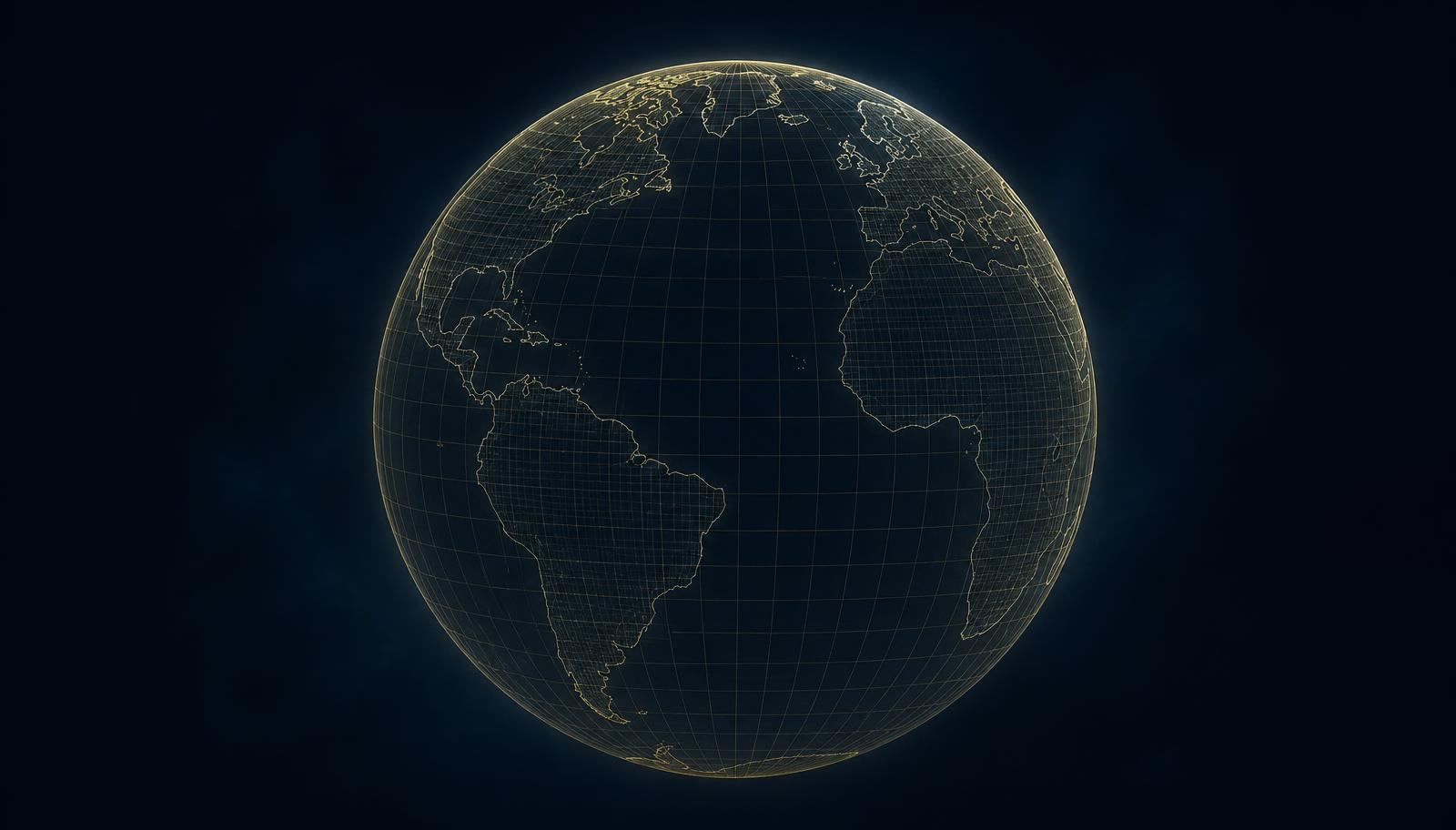 Wireframe globe drawn as a fine latitude and longitude grid in pale gold