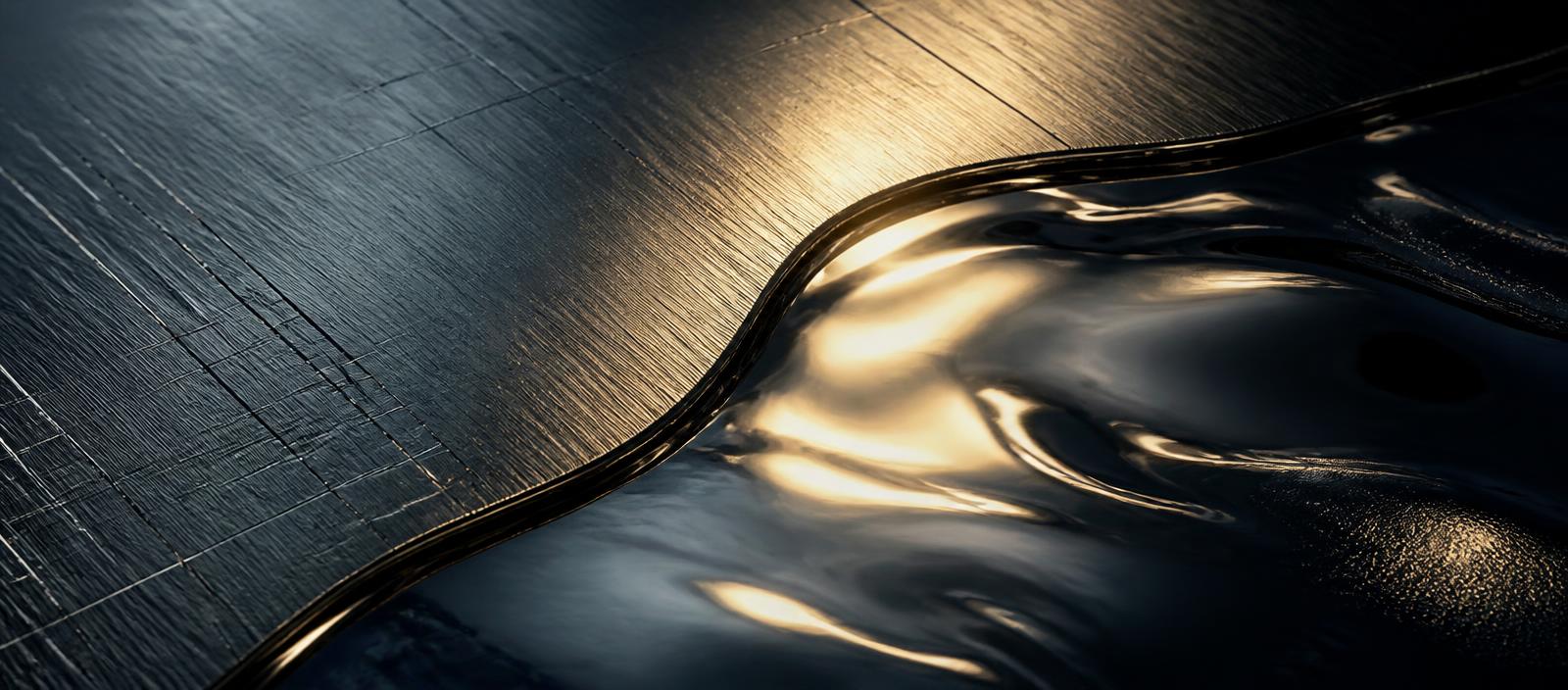 Brushed steel meeting a mirrored liquid-metal surface under a sweep of gold light